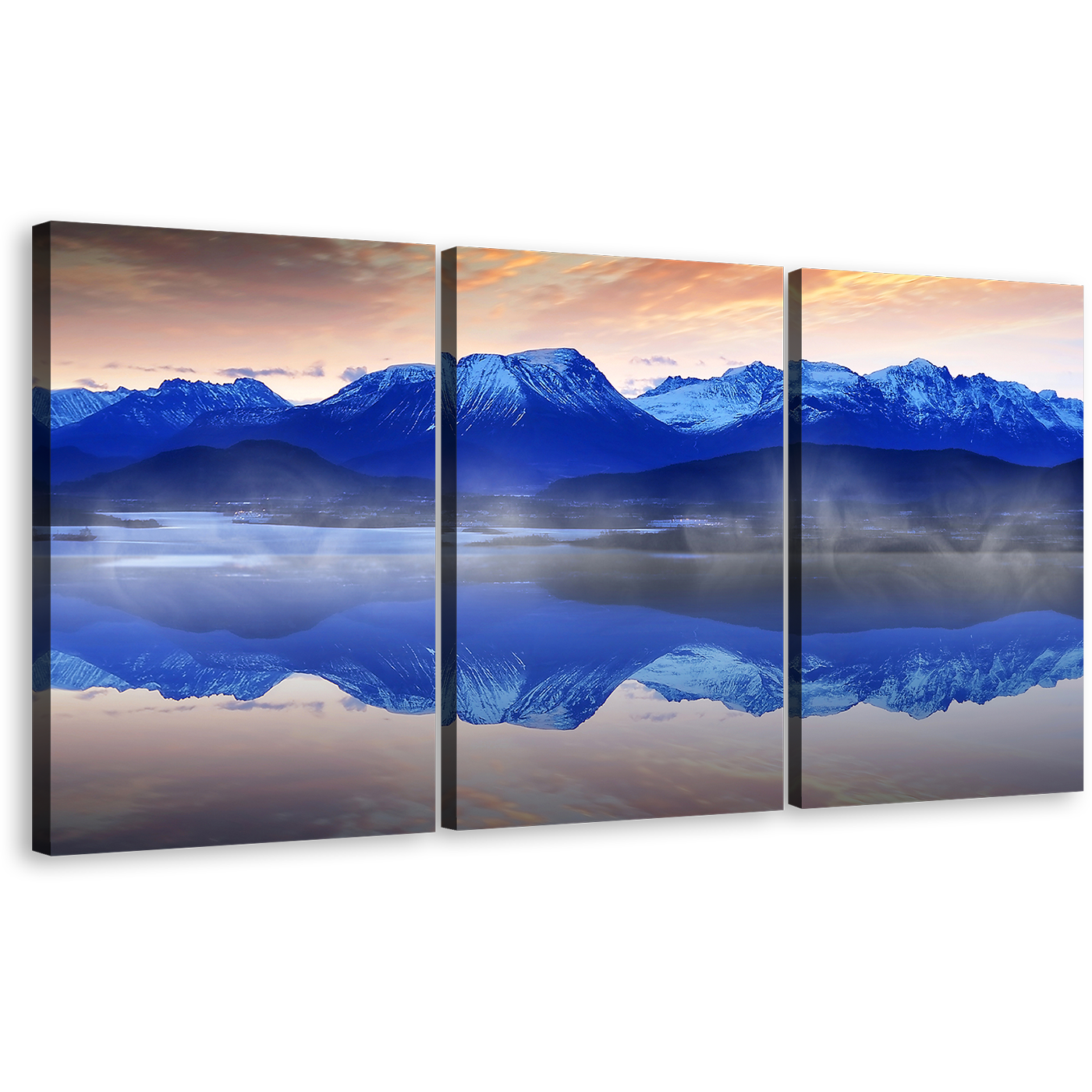 Foggy Mountain Wall Art, Blue Ocean Mountain Reflection 3 Piece Multi Canvas, White Norwegian Ocean Sunrise Canvas Print