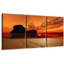 Load image into Gallery viewer, Footsteps Beach Canvas Print, Red Sunset Ocean Rocks Multiple Canvas, Footprint on Sand Orange Sky Triptych Wall Art
