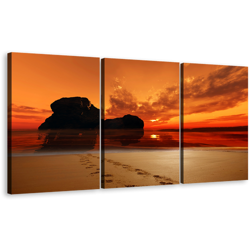 Footsteps Beach Canvas Print, Red Sunset Ocean Rocks Multiple Canvas, Footprint on Sand Orange Sky Triptych Wall Art