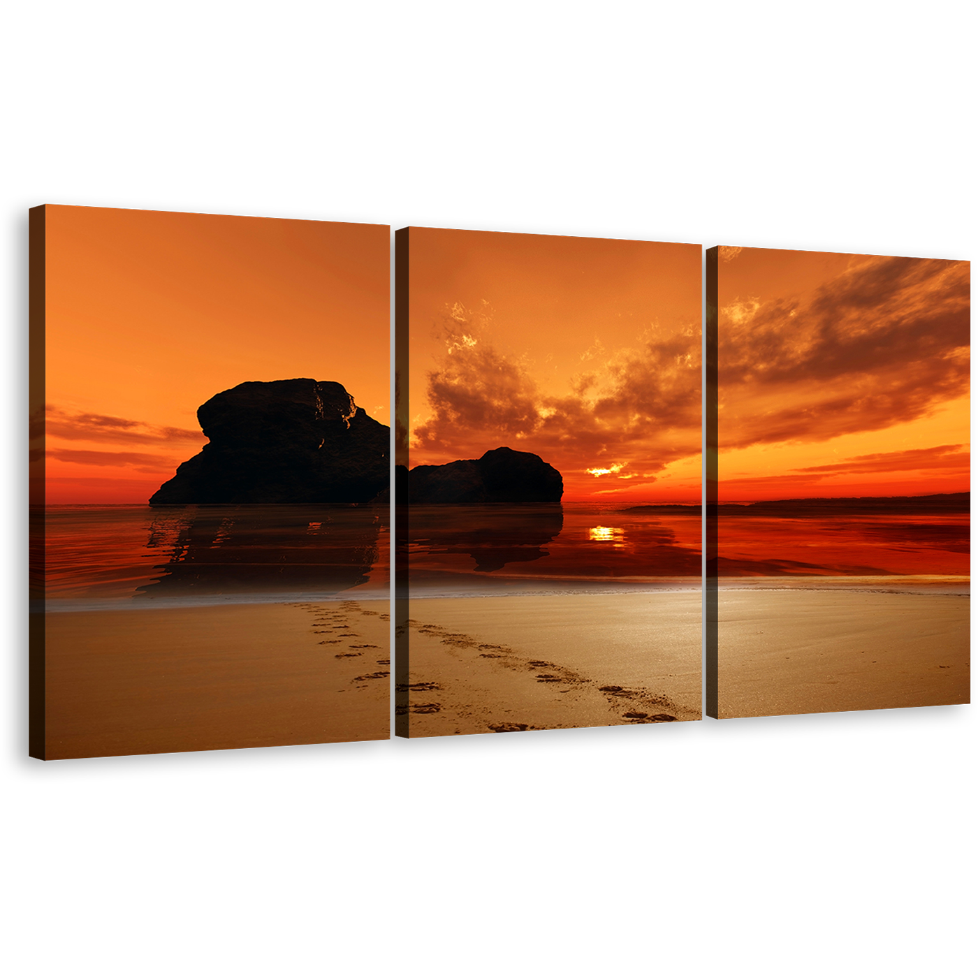 Footsteps Beach Canvas Print, Red Sunset Ocean Rocks Multiple Canvas, Footprint on Sand Orange Sky Triptych Wall Art