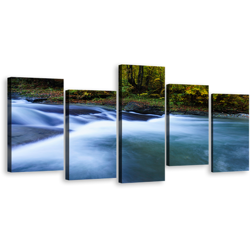 Forest River Canvas Wall Art, Green Nature Central Balkan River 5 Piece Canvas, Blue Waterfall Scenery Canvas Print