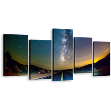 Load image into Gallery viewer, Forest Road Wall Art, Blue Milky Way Sky 5 Piece Canvas Print, Yellow Sunset Scenery Canvas Set
