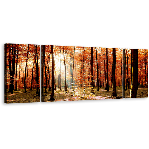 Forest Scenery Canvas Print, Orange Autumn Trees Sunrise Triptych Canvas Set, Green Fields Forest 3 Piece Canvas Wall Art