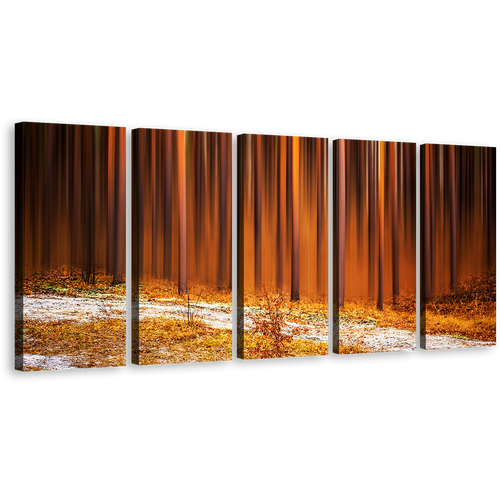 Forest Scenery Canvas Wall Art, Winter Forest Trees 5 Piece Canvas Set, Orange Brown Abstract Forest Nature Canvas Print