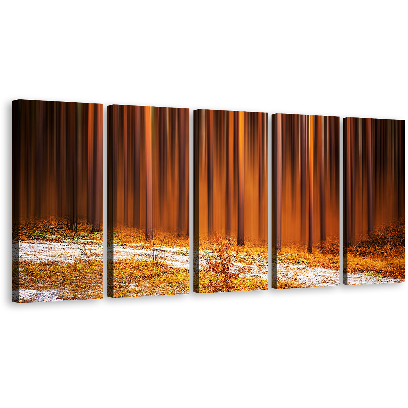 Forest Scenery Canvas Wall Art, Winter Forest Trees 5 Piece Canvas Set, Orange Brown Abstract Forest Nature Canvas Print