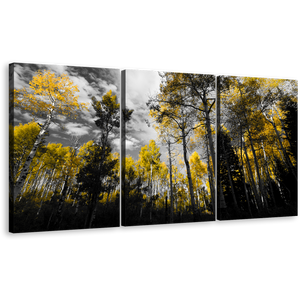 Forest Scenery Wall Art, Contemporary Dark Sky Canvas Print, Black Yellow Forest Trees Fall Landscape 3 Piece Canvas Set