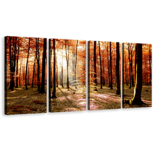 Load image into Gallery viewer, Forest Sunrise Canvas Wall Art, Orange Trees Scenery Multiple Canvas, Green Fields Autumn Forest 4 Piece Canvas Print
