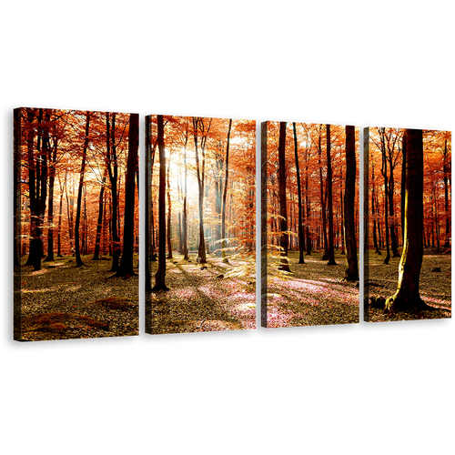 Forest Sunrise Canvas Wall Art, Orange Trees Scenery Multiple Canvas, Green Fields Autumn Forest 4 Piece Canvas Print