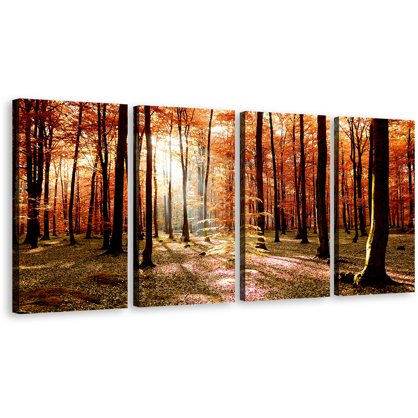 Forest Sunrise Canvas Wall Art, Orange Trees Scenery Multiple Canvas, Green Fields Autumn Forest 4 Piece Canvas Print