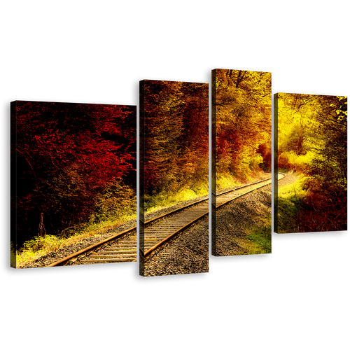 Forest Sunshine Canvas Wall Art, Red Autumnal Forest Canvas 4 Piece Multi Canvas, Yellow Forest Train Track Canvas Print