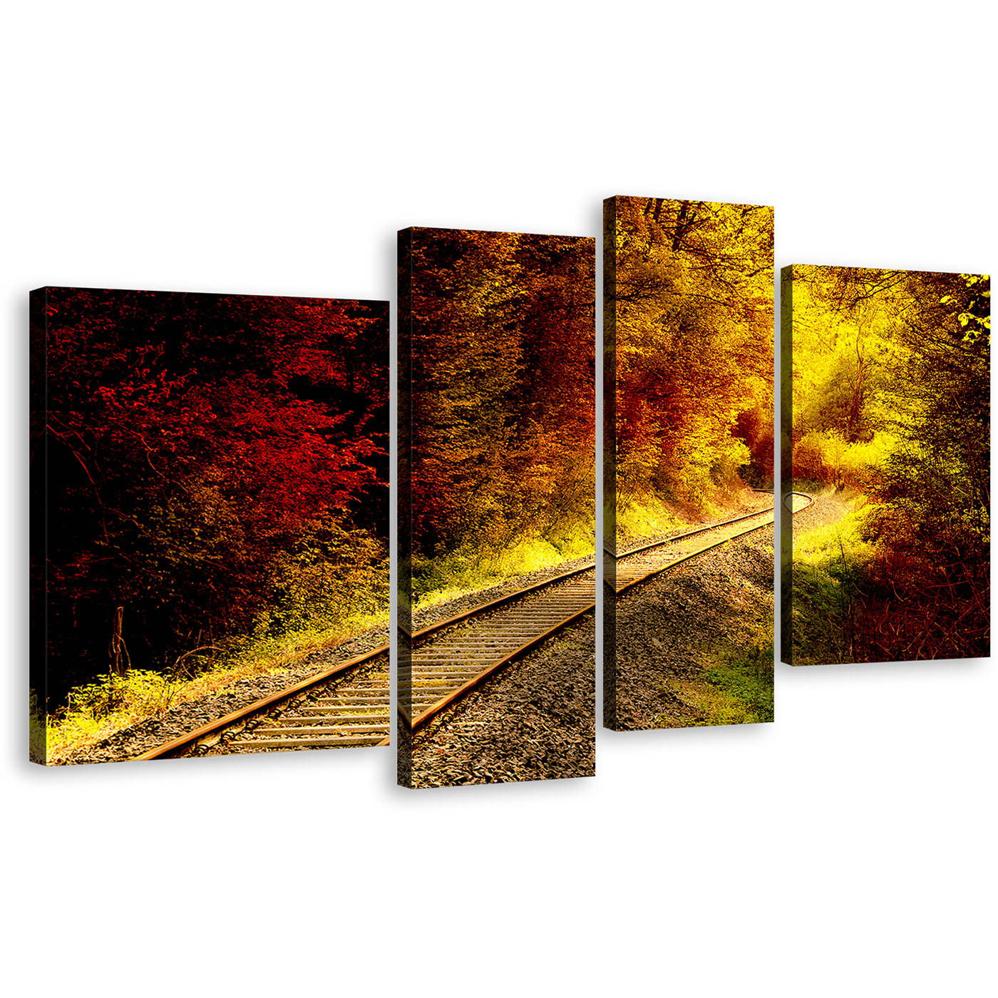 Forest Sunshine Canvas Wall Art, Red Autumnal Forest Canvas 4 Piece Multi Canvas, Yellow Forest Train Track Canvas Print