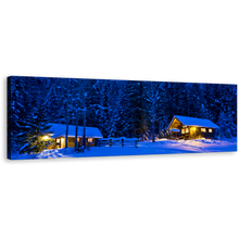 Load image into Gallery viewer, Forest Trees Canvas Print, Blue Snowy Scenery 1 Piece Wall Art, Beautiful Yellow Cabin Lights at Night Canvas Art
