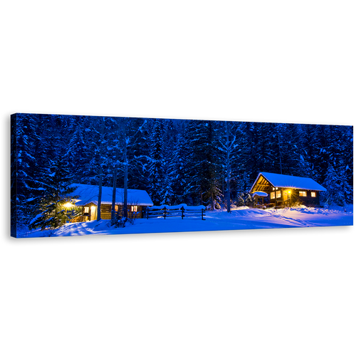 Forest Trees Canvas Print, Blue Snowy Scenery 1 Piece Wall Art, Beautiful Yellow Cabin Lights at Night Canvas Art