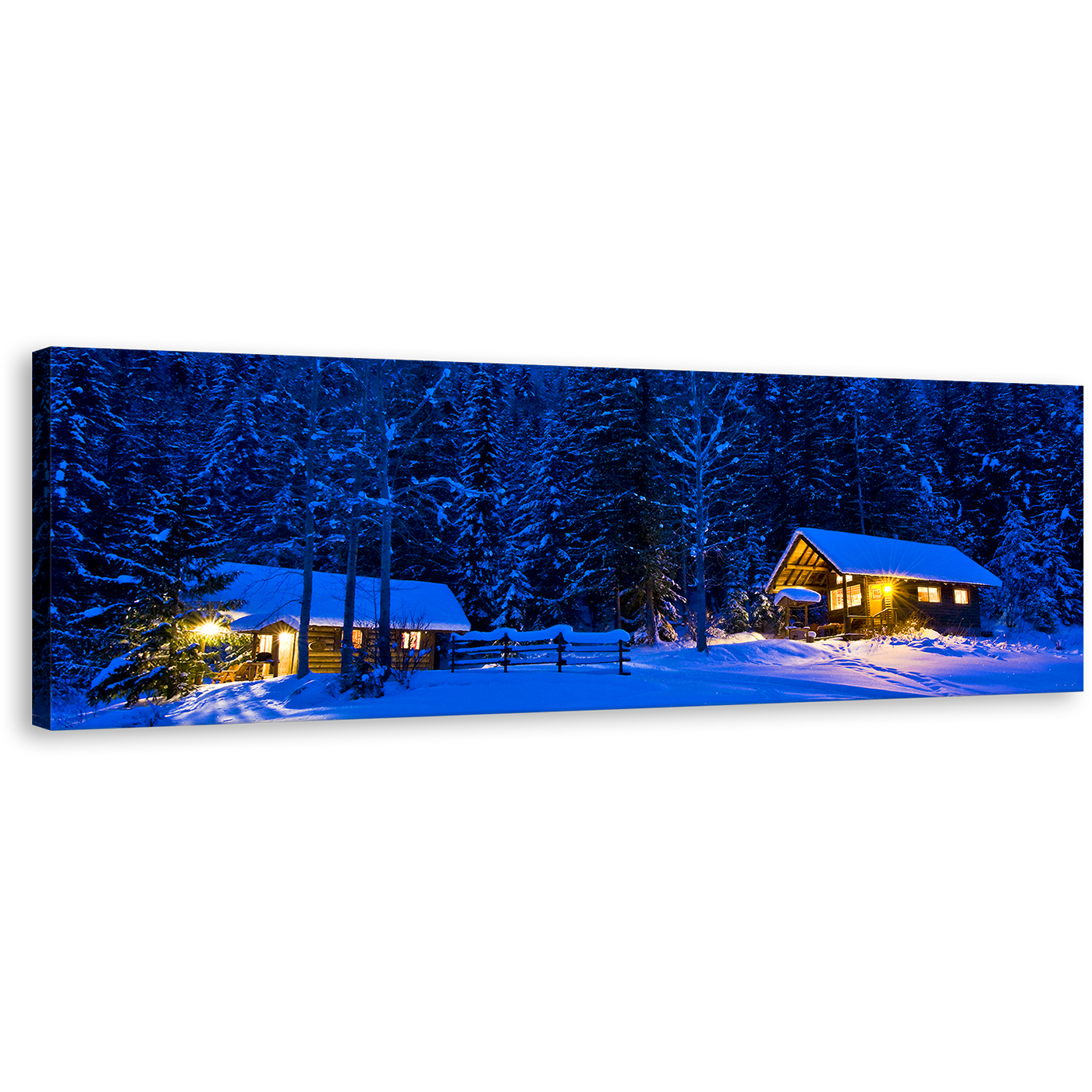 Forest Trees Canvas Print, Blue Snowy Scenery 1 Piece Wall Art, Beautiful Yellow Cabin Lights at Night Canvas Art