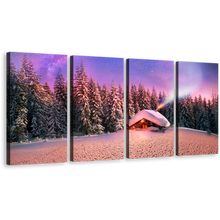 Load image into Gallery viewer, Forest Trees Canvas Print, Blue Starry Sky Cabin Mountain Multiple Canvas, Snowy Purple Forest 4 Piece Wall Art
