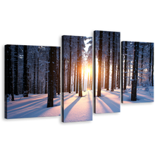 Load image into Gallery viewer, Forest Trees Canvas Print, White Snowy Winter Scenery Canvas Set, Yellow Sunset Between Trees Strains 4 Piece Wall Art
