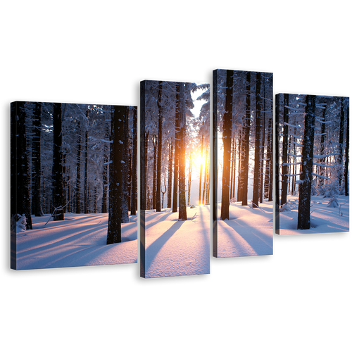 Forest Trees Canvas Print, White Snowy Winter Scenery Canvas Set, Yellow Sunset Between Trees Strains 4 Piece Wall Art