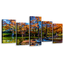 Load image into Gallery viewer, Forest Trees Canvas Wall Art, Fall Orange Guadalupe Texas 5 Piece Canvas Print, Blue Sky River Canvas Set
