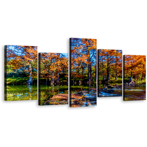 Forest Trees Canvas Wall Art, Fall Orange Guadalupe Texas 5 Piece Canvas Print, Blue Sky River Canvas Set