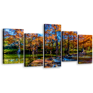 Forest Trees Canvas Wall Art, Fall Orange Guadalupe Texas 5 Piece Canvas Print, Blue Sky River Canvas Set