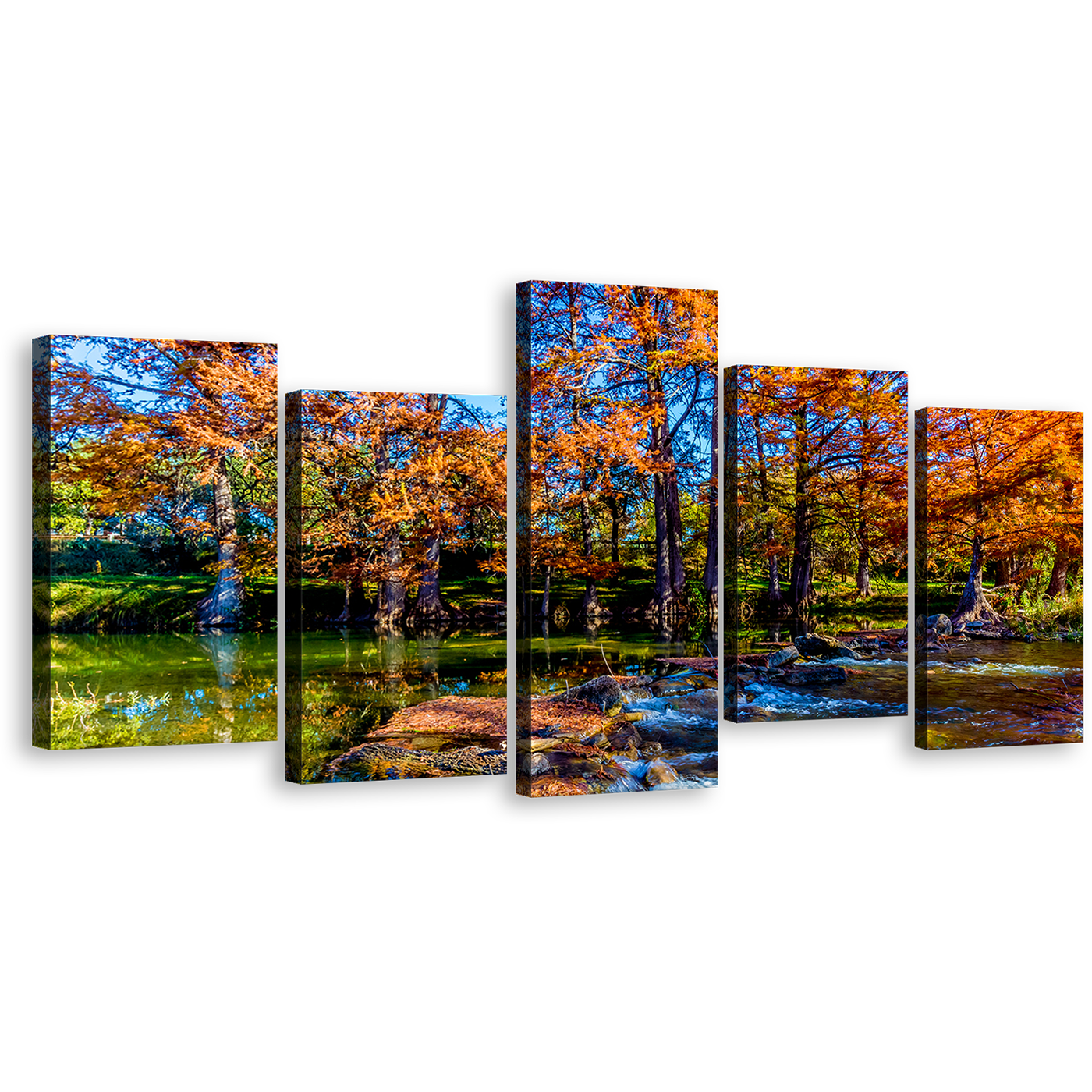 Forest Trees Canvas Wall Art, Fall Orange Guadalupe Texas 5 Piece Canvas Print, Blue Sky River Canvas Set