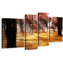 Load image into Gallery viewer, Forest Trees Canvas Wall Art, Yellow Fields Nature Scenery 4 Piece Multiple Canvas, Red Autumn Trees Forest Canvas Print
