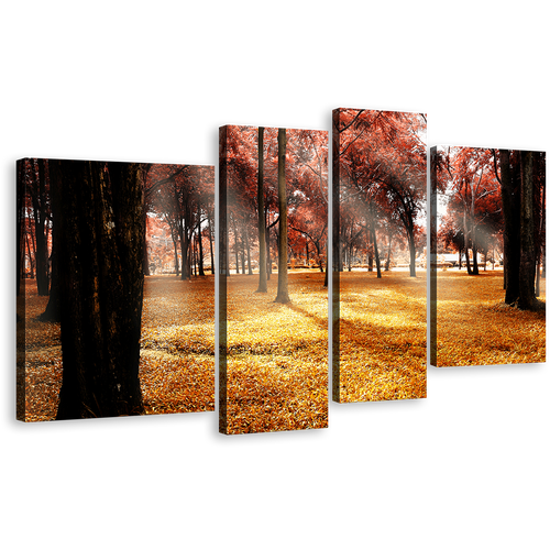 Forest Trees Canvas Wall Art, Yellow Fields Nature Scenery 4 Piece Multiple Canvas, Red Autumn Trees Forest Canvas Print