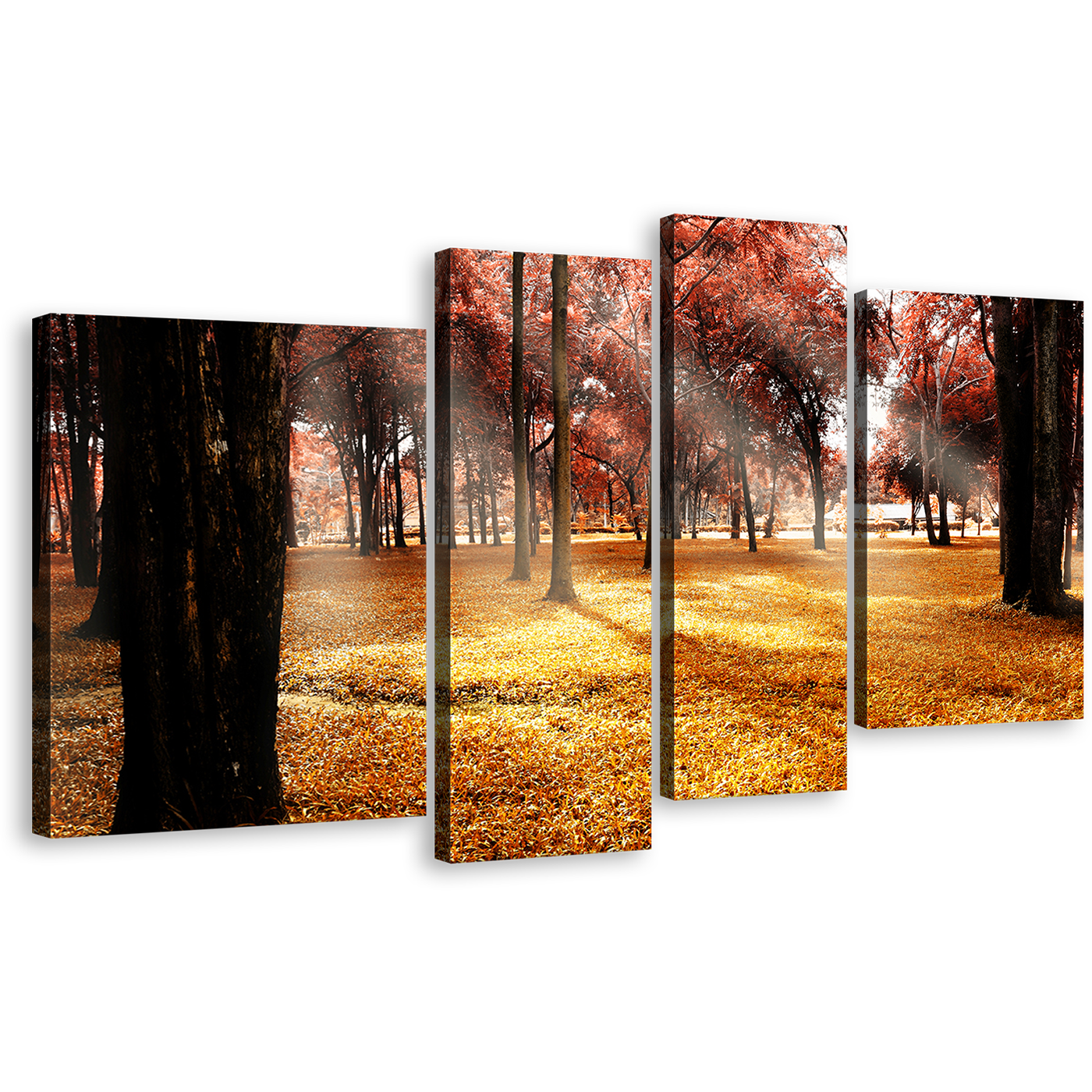 Forest Trees Canvas Wall Art, Yellow Fields Nature Scenery 4 Piece Multiple Canvas, Red Autumn Trees Forest Canvas Print