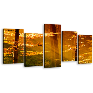 Forest Trees Wall Art, Orange Autumn Forest Canvas Print, Beautiful Yellow Scenery A 5 Piece Multi Canvas