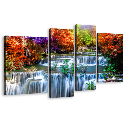 Forest Waterfall Canvas Canvas Print, Huay Mae Kamin Waterfall Canvas Set, Thailand Colorful Autumn Scenery Waterfall 4 Piece Canvas Wall Art