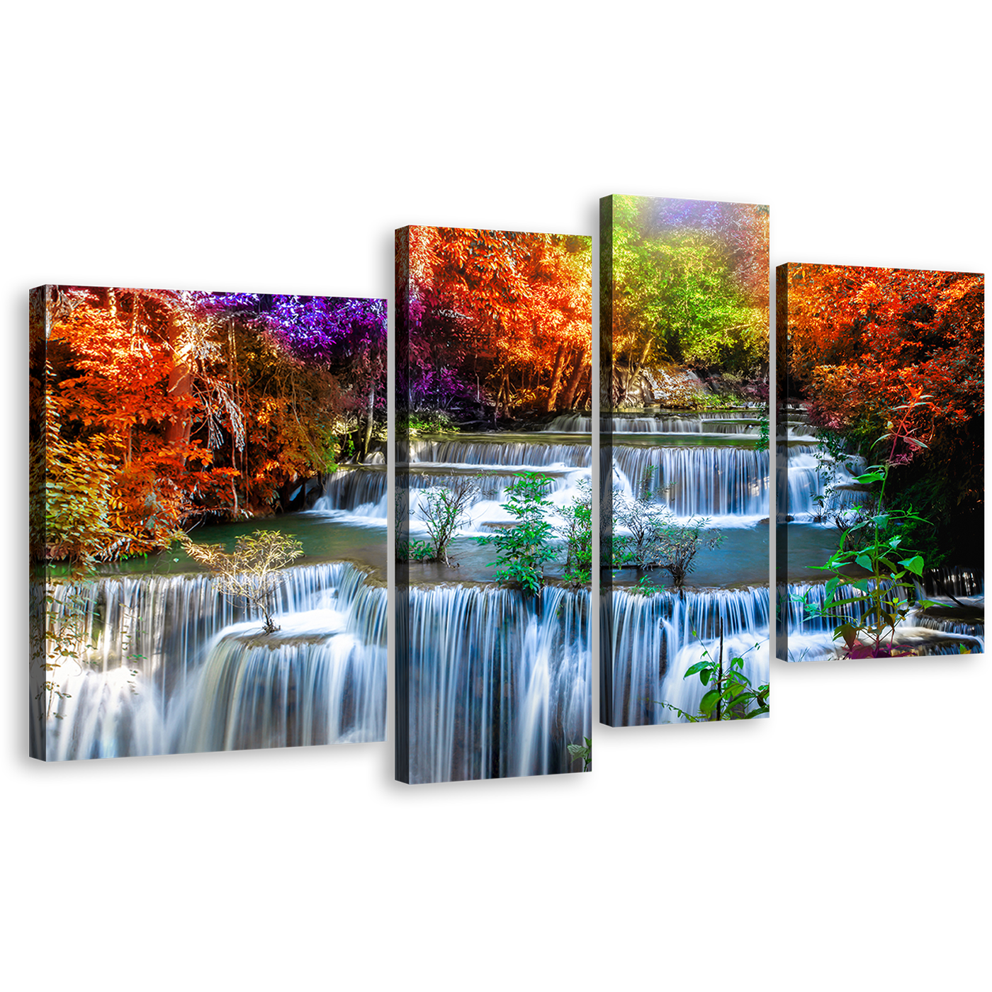 Forest Waterfall Canvas Canvas Print, Huay Mae Kamin Waterfall Canvas Set, Thailand Colorful Autumn Scenery Waterfall 4 Piece Canvas Wall Art