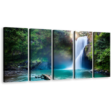 Load image into Gallery viewer, Forest Waterfall Canvas Print, Beautiful Green Forest Water Scene 5 Piece Canvas Wall Art, Jungle White Waterfall Multiple Canvas
