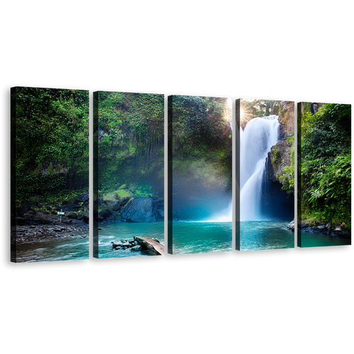 Forest Waterfall Canvas Print, Beautiful Green Forest Water Scene 5 Piece Canvas Wall Art, Jungle White Waterfall Multiple Canvas