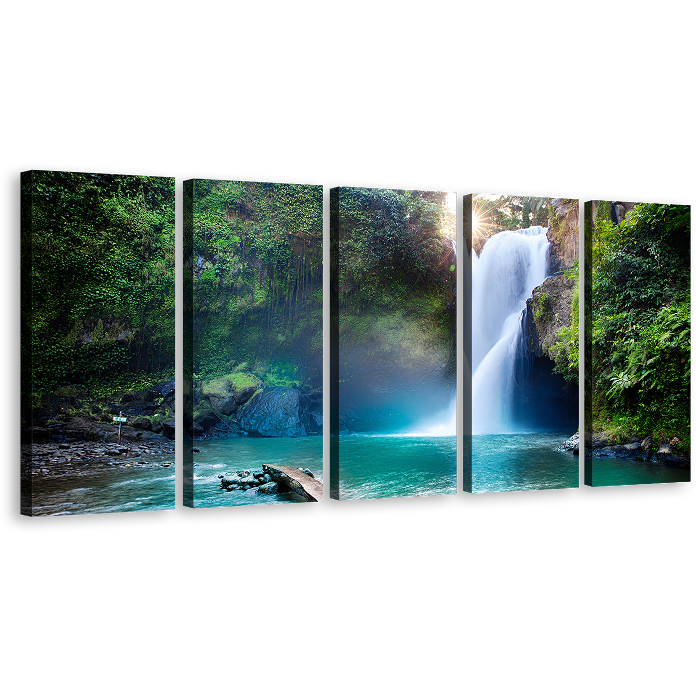 Forest Waterfall Canvas Print, Beautiful Green Forest Water Scene 5 Piece Canvas Wall Art, Jungle White Waterfall Multiple Canvas