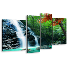 Load image into Gallery viewer, Forest Waterfall Canvas Print, Green Nature Scenery 4 Piece Canvas Wall Art, White Rainforest Waterfall Multi Canvas
