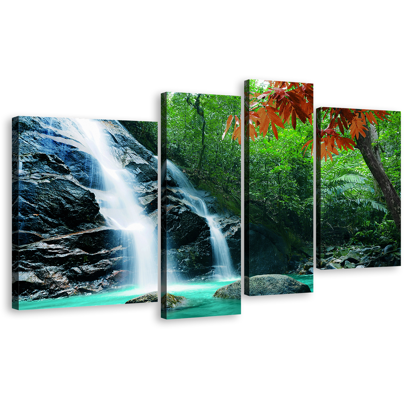 Forest Waterfall Canvas Print, Green Nature Scenery 4 Piece Canvas Wall Art, White Rainforest Waterfall Multi Canvas