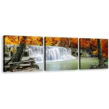 Load image into Gallery viewer, Forest Waterfall Canvas Print, Orange Forest Trees Wall Art, Green Lake River Thailand Mountain 3 Piece Canvas Set
