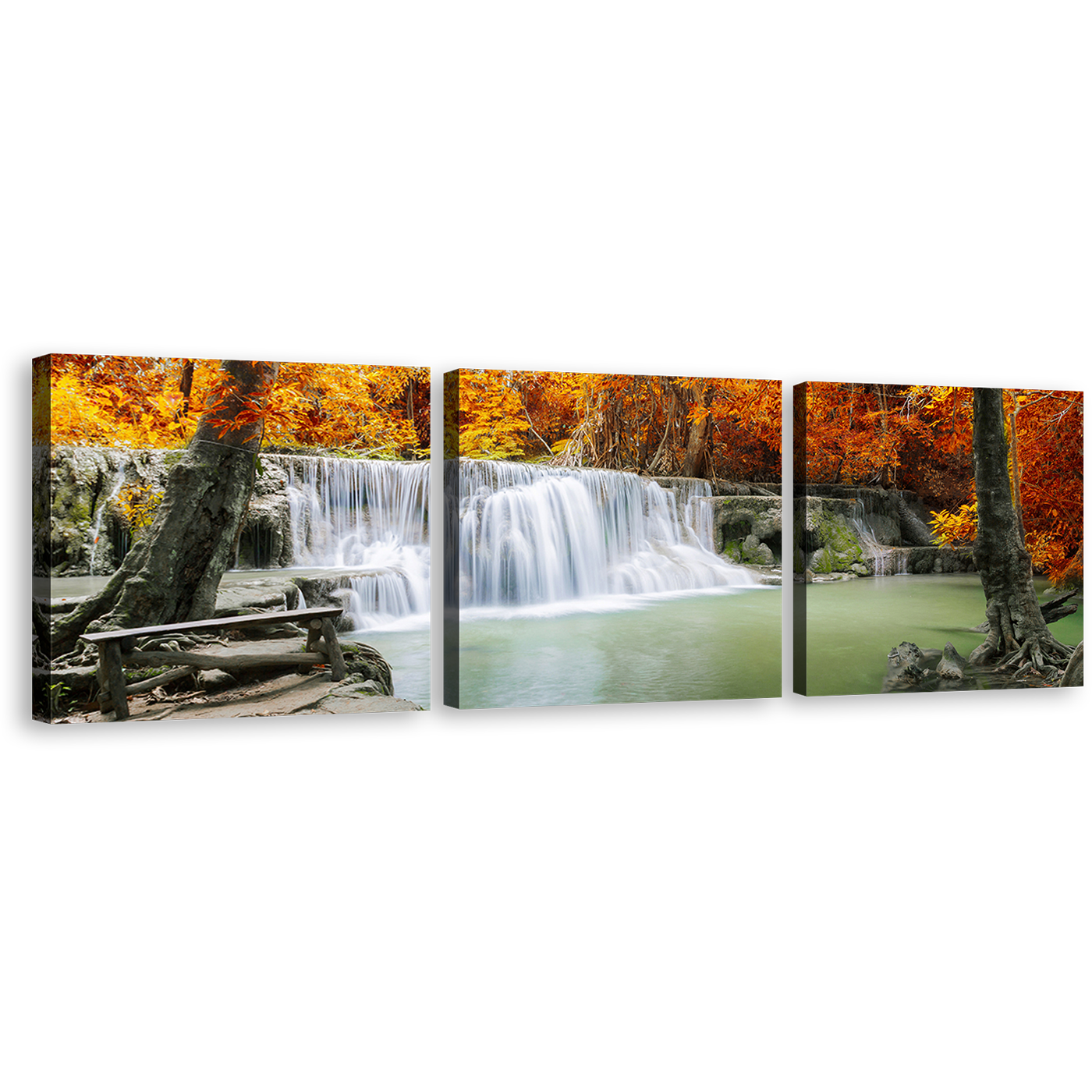 Forest Waterfall Canvas Print, Orange Forest Trees Wall Art, Green Lake River Thailand Mountain 3 Piece Canvas Set