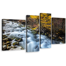 Load image into Gallery viewer, Forest Waterfall Canvas Print, Yellow Pine Autumn Mountain Waterfall Canvas Set, White Sichuan China Falls 4 Piece Canvas Wall Art
