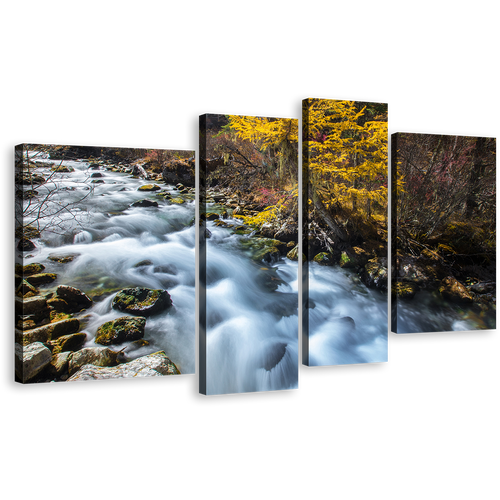 Forest Waterfall Canvas Print, Yellow Pine Autumn Mountain Waterfall Canvas Set, White Sichuan China Falls 4 Piece Canvas Wall Art