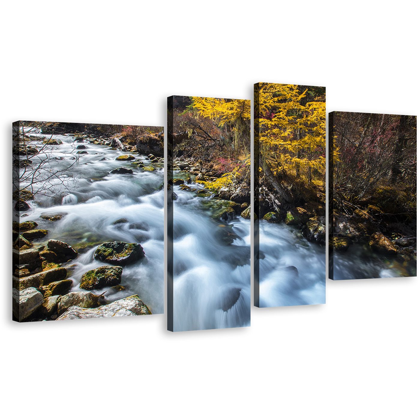 Forest Waterfall Canvas Print, Yellow Pine Autumn Mountain Waterfall Canvas Set, White Sichuan China Falls 4 Piece Canvas Wall Art