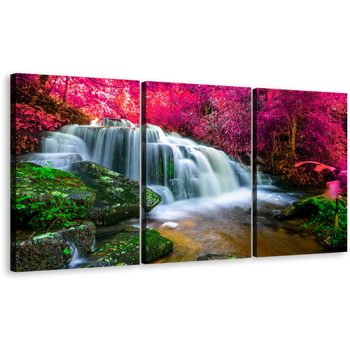 Forest Waterfall Canvas Wall Art, Beautiful Nature Scenery 3 Piece Canvas Set, Colorful Stunning Waterfall Canvas Print