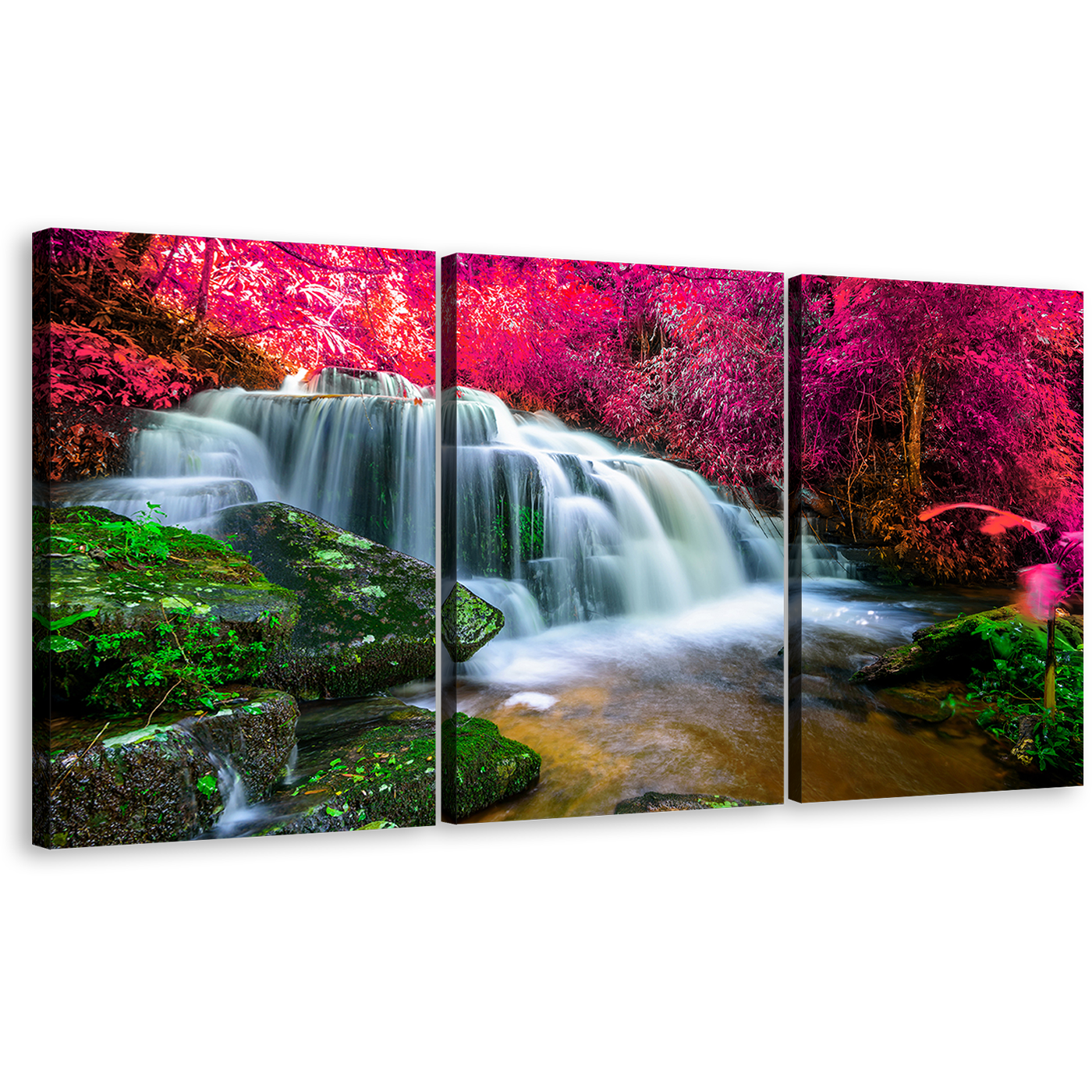 Forest Waterfall Canvas Wall Art, Beautiful Nature Scenery 3 Piece Canvas Set, Colorful Stunning Waterfall Canvas Print