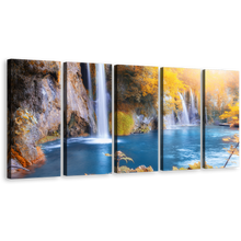 Load image into Gallery viewer, Forest Waterfall Canvas Wall Art, Blue Plitvice Lakes National Park 5 Piece Canvas, Croatia Yellow Trees Autumn Waterfall Canvas Print
