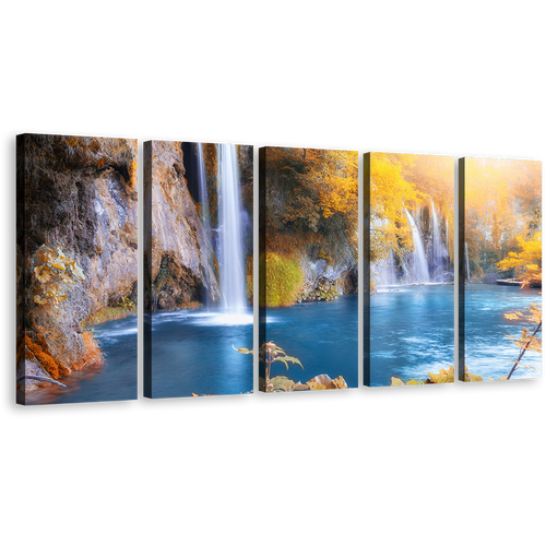 Forest Waterfall Canvas Wall Art, Blue Plitvice Lakes National Park 5 Piece Canvas, Croatia Yellow Trees Autumn Waterfall Canvas Print