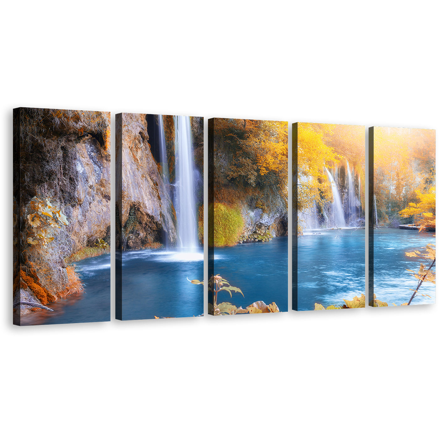 Forest Waterfall Canvas Wall Art, Blue Plitvice Lakes National Park 5 Piece Canvas, Croatia Yellow Trees Autumn Waterfall Canvas Print