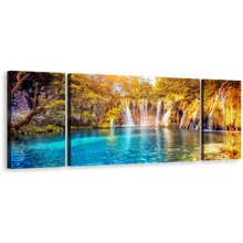 Load image into Gallery viewer, Forest Waterfall Canvas Wall Art, Blue Water Forest Nature Multi Canvas, Yellow Green Trees Canvas Set, Lakes National Park Waterfall 3 Piece Canvas Print
