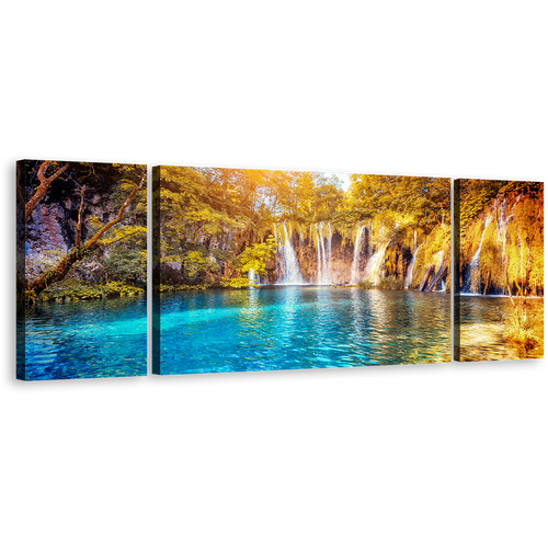 Forest Waterfall Canvas Wall Art, Blue Water Forest Nature Multi Canvas, Yellow Green Trees Canvas Set, Lakes National Park Waterfall 3 Piece Canvas Print