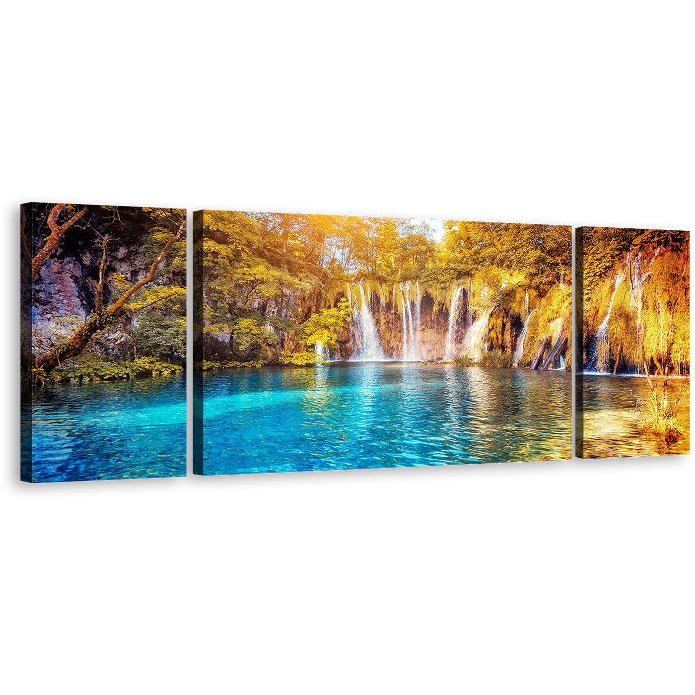 Forest Waterfall Canvas Wall Art, Blue Water Forest Nature Multi Canvas, Yellow Green Trees Canvas Set, Lakes National Park Waterfall 3 Piece Canvas Print