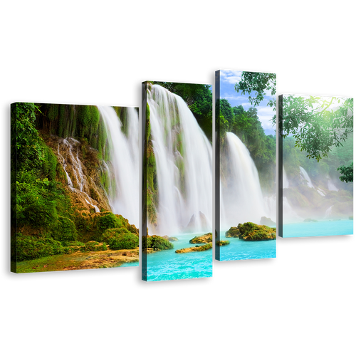 Forest Waterfall Canvas Wall Art, Blue Water Scenic Waterfall Canvas Print, Green Nature Scenery 4 Piece Canvas Set